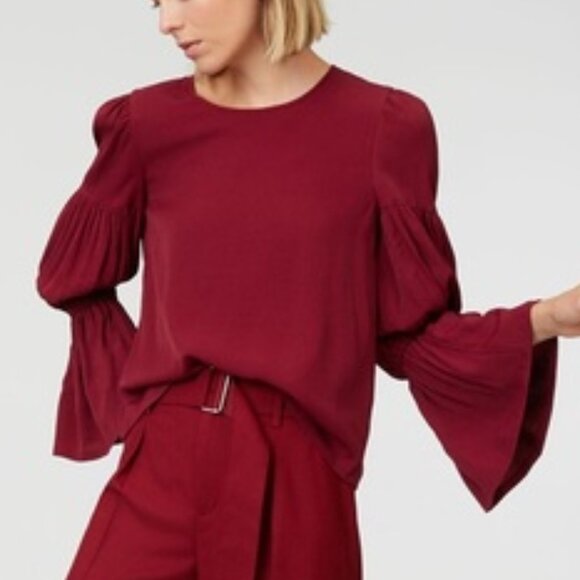 Club Monaco - 'Amund' Crewneck Pleated Long-Sleeve Red Blouse Top - size Large - Picture 1 of 15